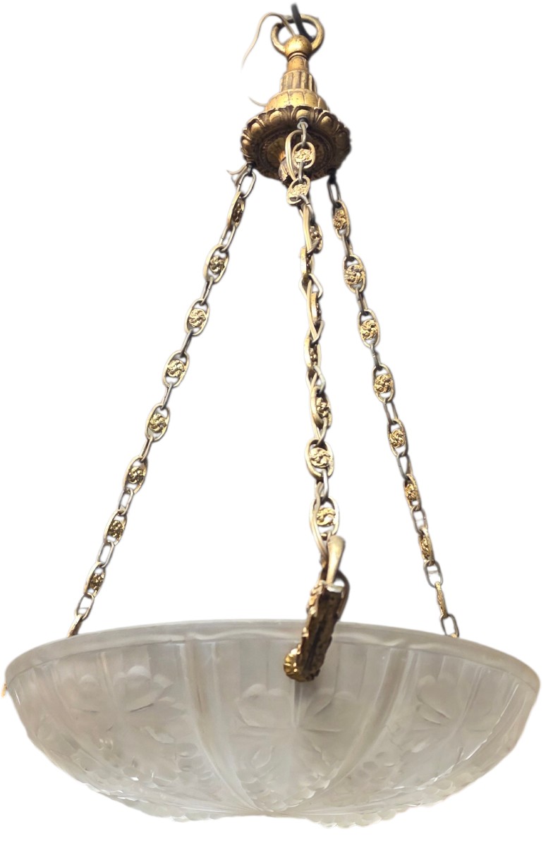 Art Deco Chandelier-style Ceiling Light In Molded Glass With A Bronze Frame 