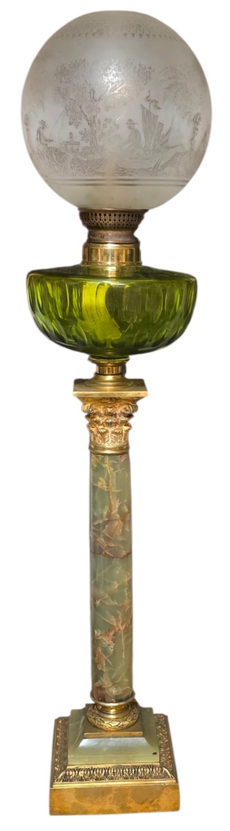 Immense Lampe oil Corinthien bronze et onyx hauteur 86 cm