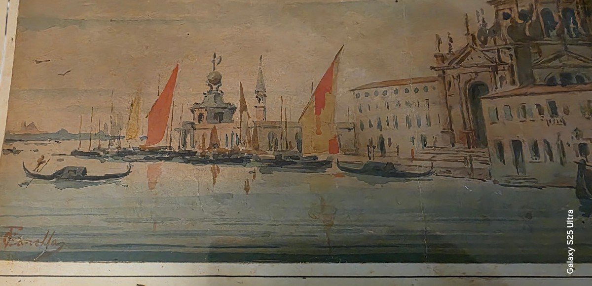Watercolor Of Venice, The Grand Canal With The Basilica Of Santa Maria, Signed Canella-photo-3