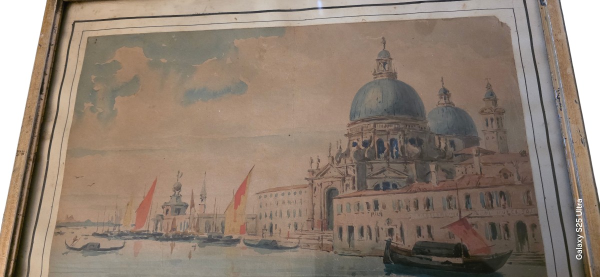 Watercolor Of Venice, The Grand Canal With The Basilica Of Santa Maria, Signed Canella-photo-1