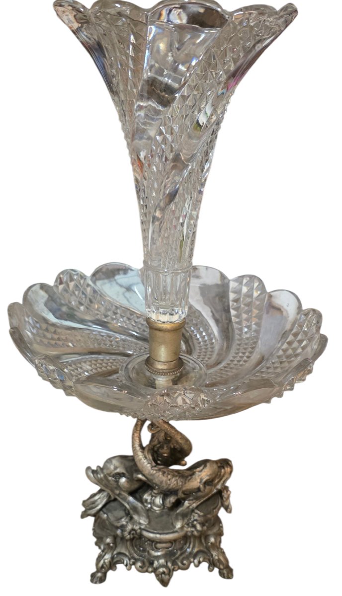 Baccarat Important Centerpiece With Dolphins In Molded Crystal And Bronze-photo-5