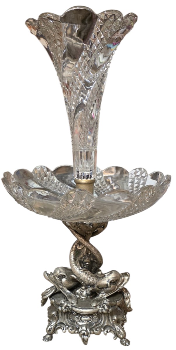 Baccarat Important Centerpiece With Dolphins In Molded Crystal And Bronze