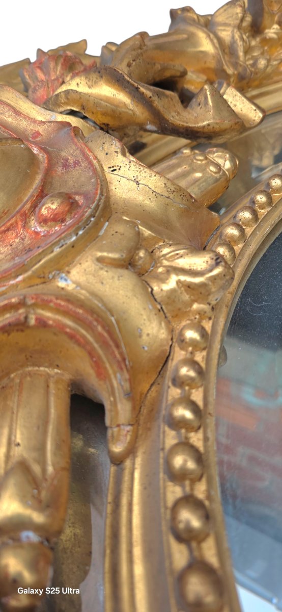 Immense miroir a parcloses bois doré aux attributs de musiques Napoléon III hauteur 1,60-photo-5