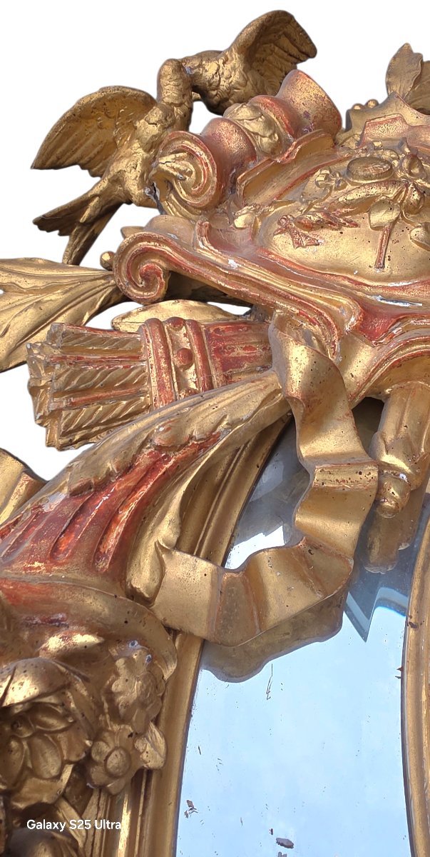 Immense miroir a parcloses bois doré aux attributs de musiques Napoléon III hauteur 1,60-photo-7