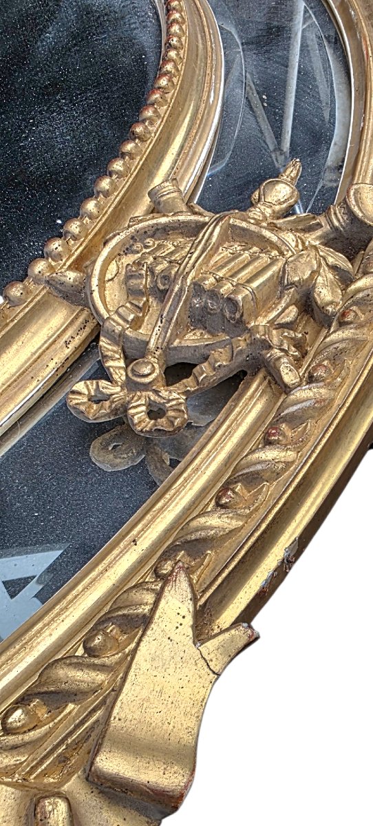 Immense miroir a parcloses bois doré aux attributs de musiques Napoléon III hauteur 1,60-photo-8