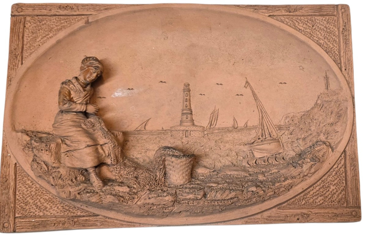 Paire de bas-reliefs ecole bretone en terre cuite XIXeme -photo-3