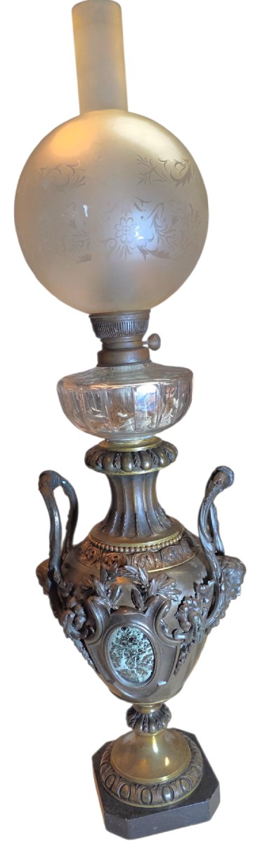 Lampe petrole immense bronze et marbre patine médaille barbedienne XIXeme -photo-3