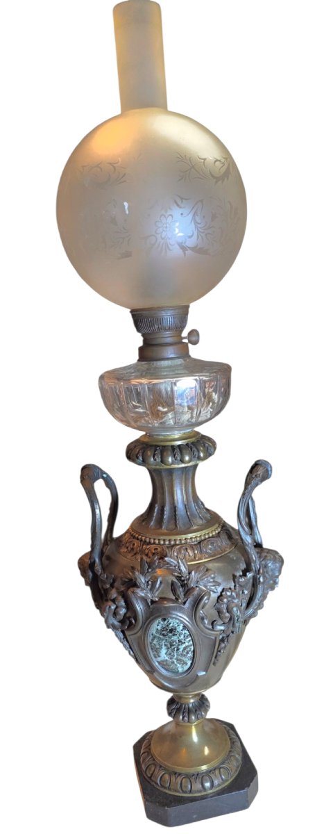 Lampe petrole immense bronze et marbre patine médaille barbedienne XIXeme -photo-4