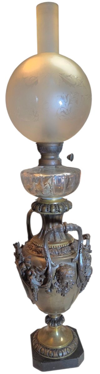 Lampe petrole immense bronze et marbre patine médaille barbedienne XIXeme -photo-7