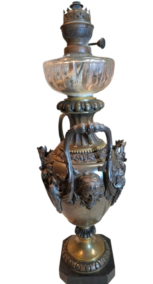 Lampe petrole immense bronze et marbre patine médaille barbedienne XIXeme 