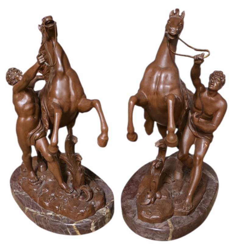 Paire les chevaux de marly en bronze et marbre turquin -photo-2