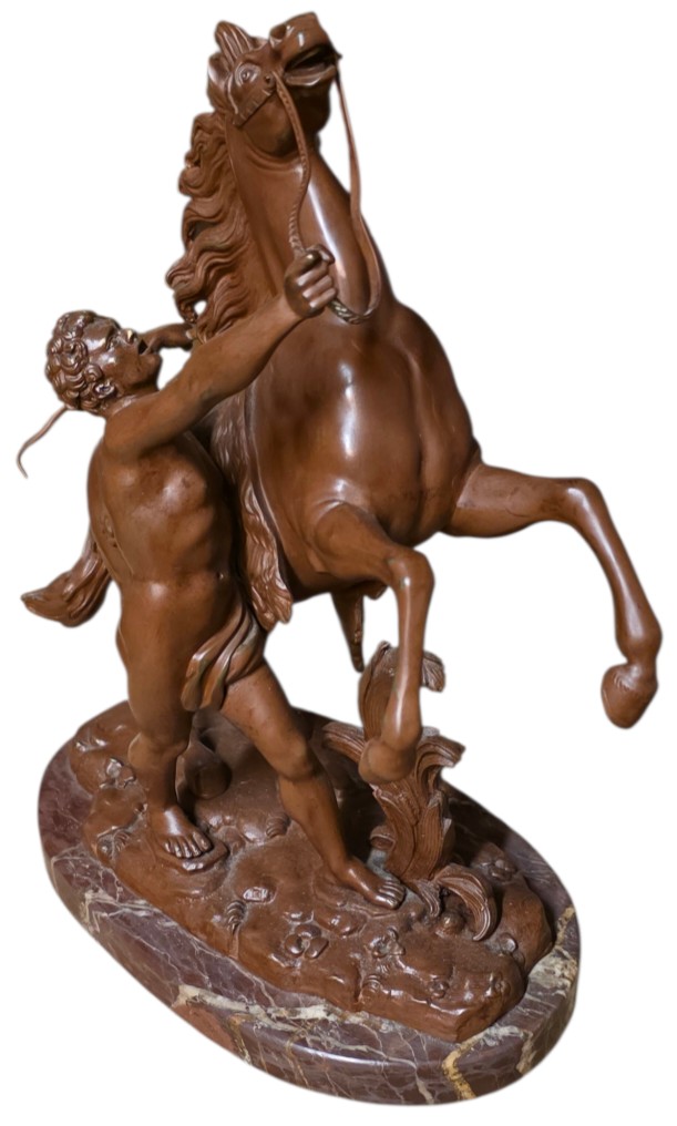 Paire les chevaux de marly en bronze et marbre turquin -photo-3