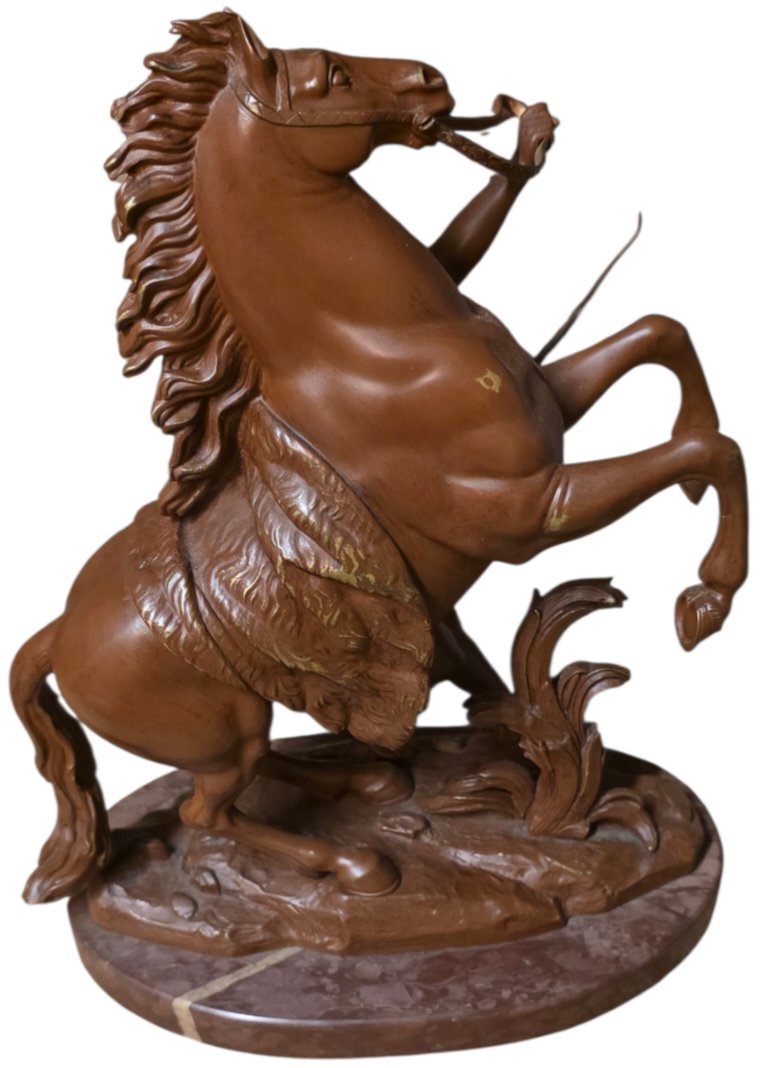 Paire les chevaux de marly en bronze et marbre turquin -photo-3