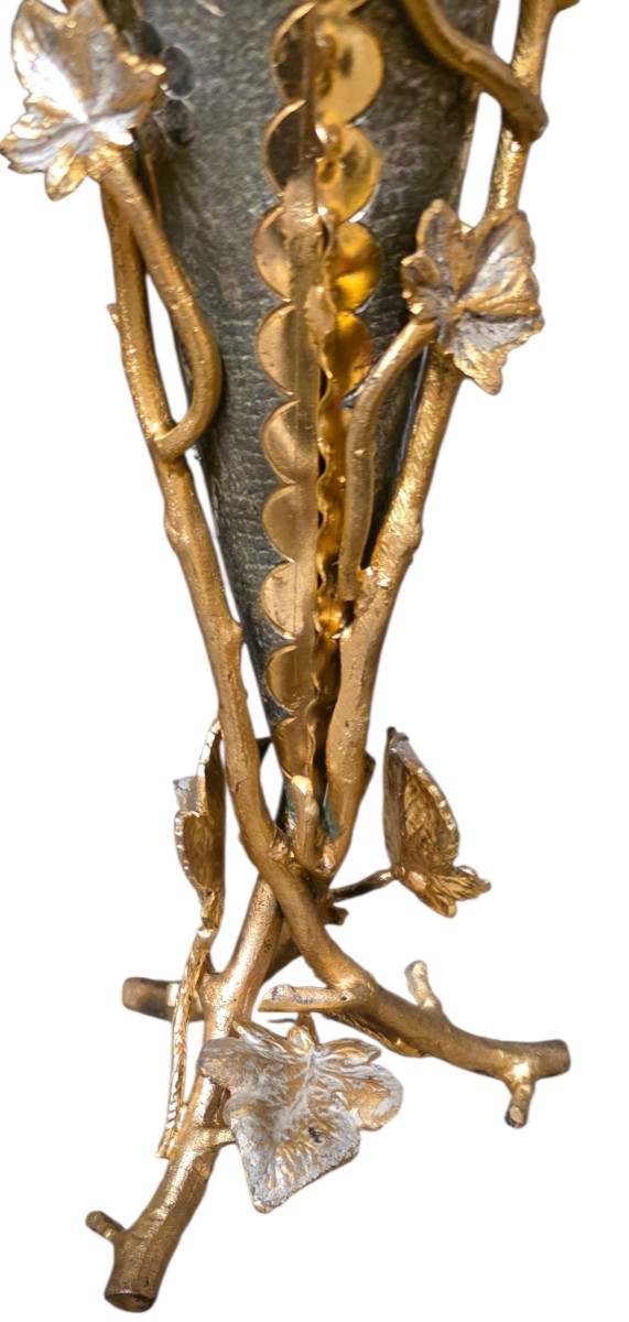 Paire de vases cornet art nouveau dorure or et argent aux oiseaux -photo-3