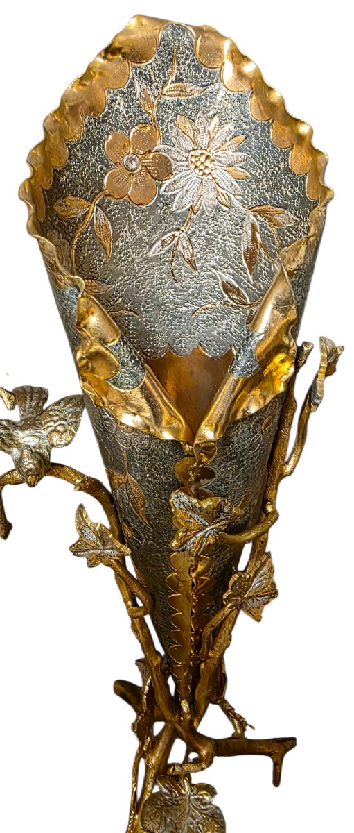 Paire de vases cornet art nouveau dorure or et argent aux oiseaux -photo-4