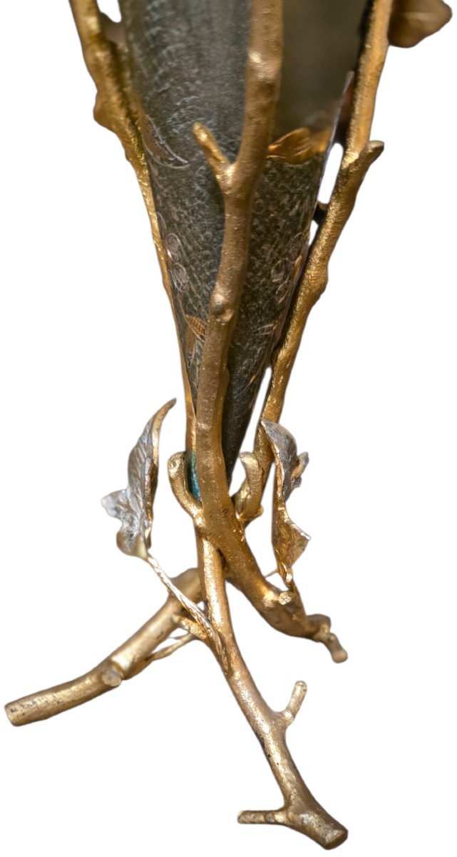 Paire de vases cornet art nouveau dorure or et argent aux oiseaux -photo-1