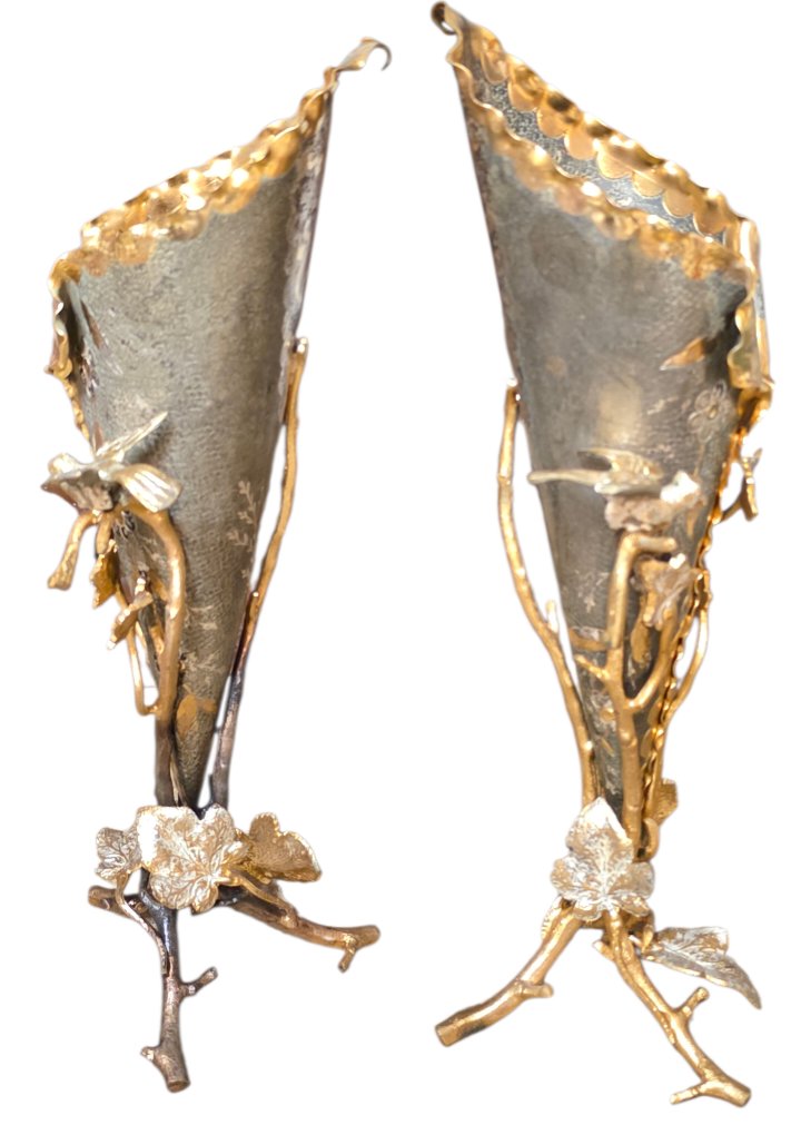 Paire de vases cornet art nouveau dorure or et argent aux oiseaux -photo-4