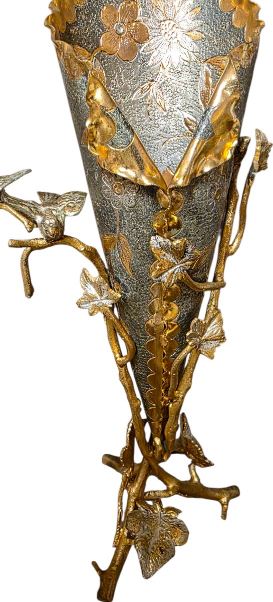 Paire de vases cornet art nouveau dorure or et argent aux oiseaux -photo-6