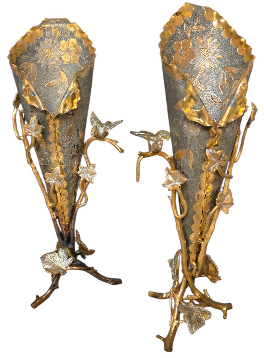 Paire de vases cornet art nouveau dorure or et argent aux oiseaux -photo-7