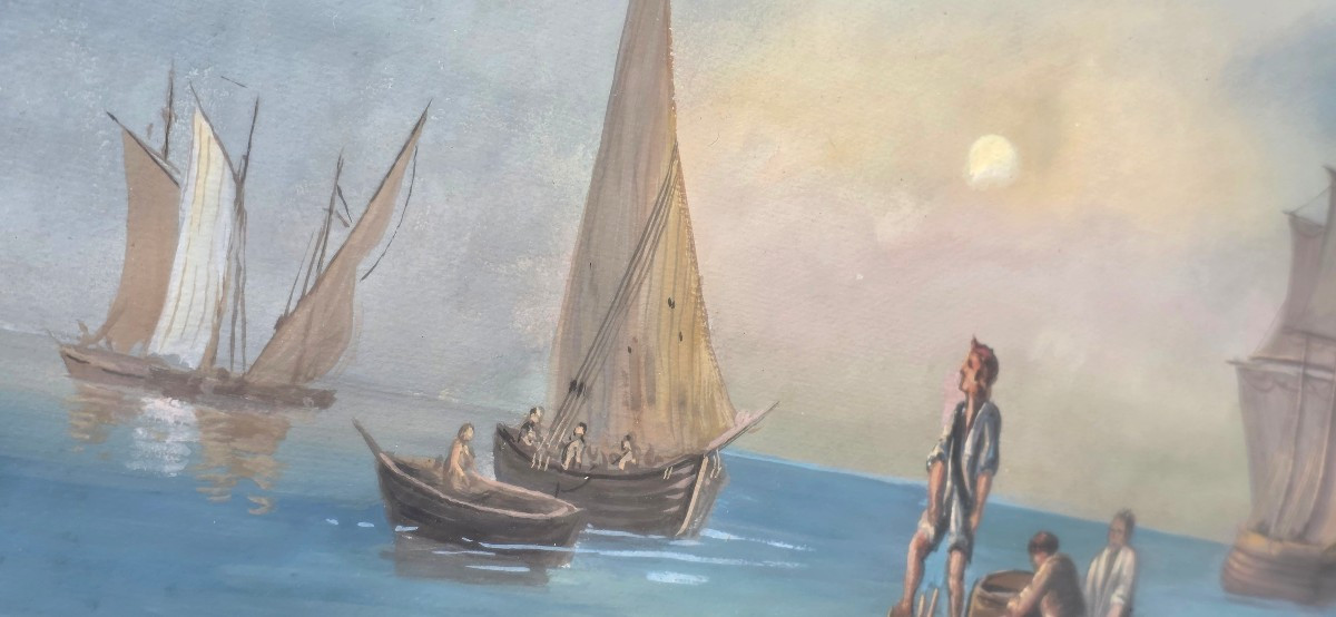 Gouache By Giuseppe Delpino, Italian School, 19th Century, View Of Fishing Boats Offshore -photo-3