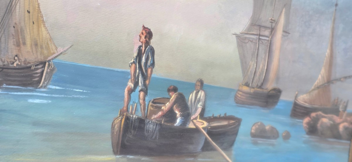 Gouache By Giuseppe Delpino, Italian School, 19th Century, View Of Fishing Boats Offshore -photo-4