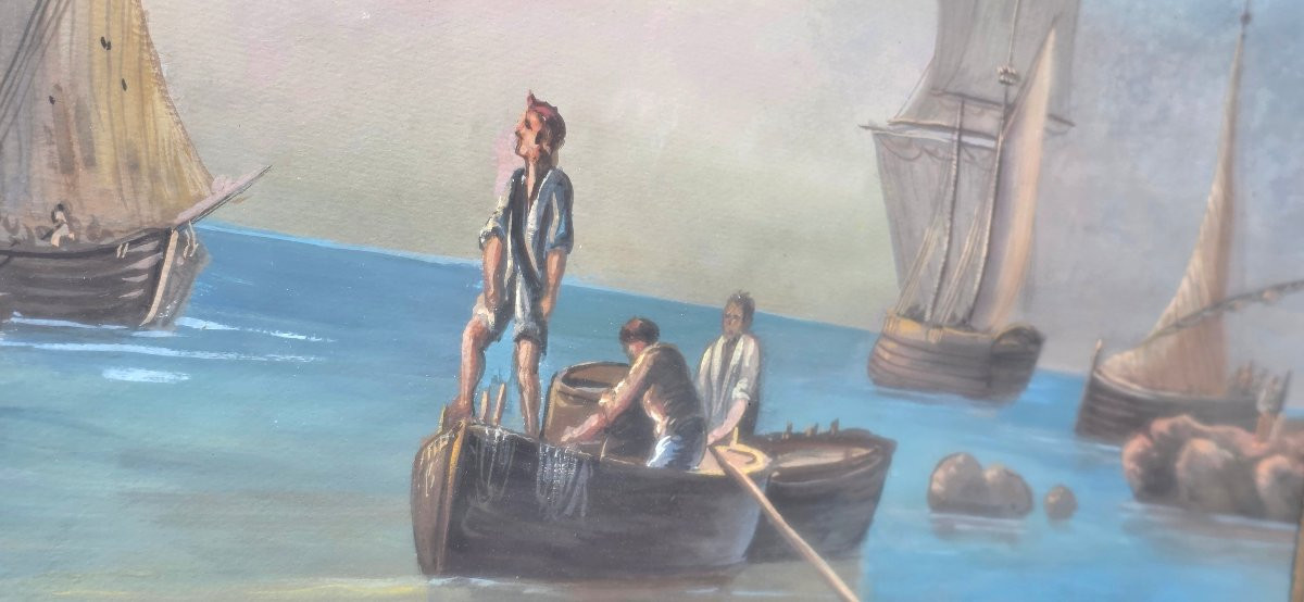 Gouache By Giuseppe Delpino, Italian School, 19th Century, View Of Fishing Boats Offshore -photo-2