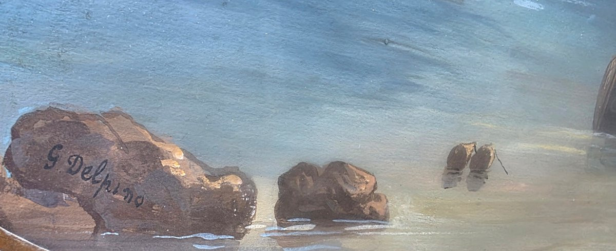 Gouache By Giuseppe Delpino, Italian School, 19th Century, View Of Fishing Boats Offshore -photo-3
