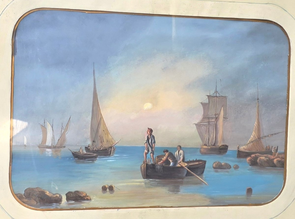 Gouache By Giuseppe Delpino, Italian School, 19th Century, View Of Fishing Boats Offshore -photo-5