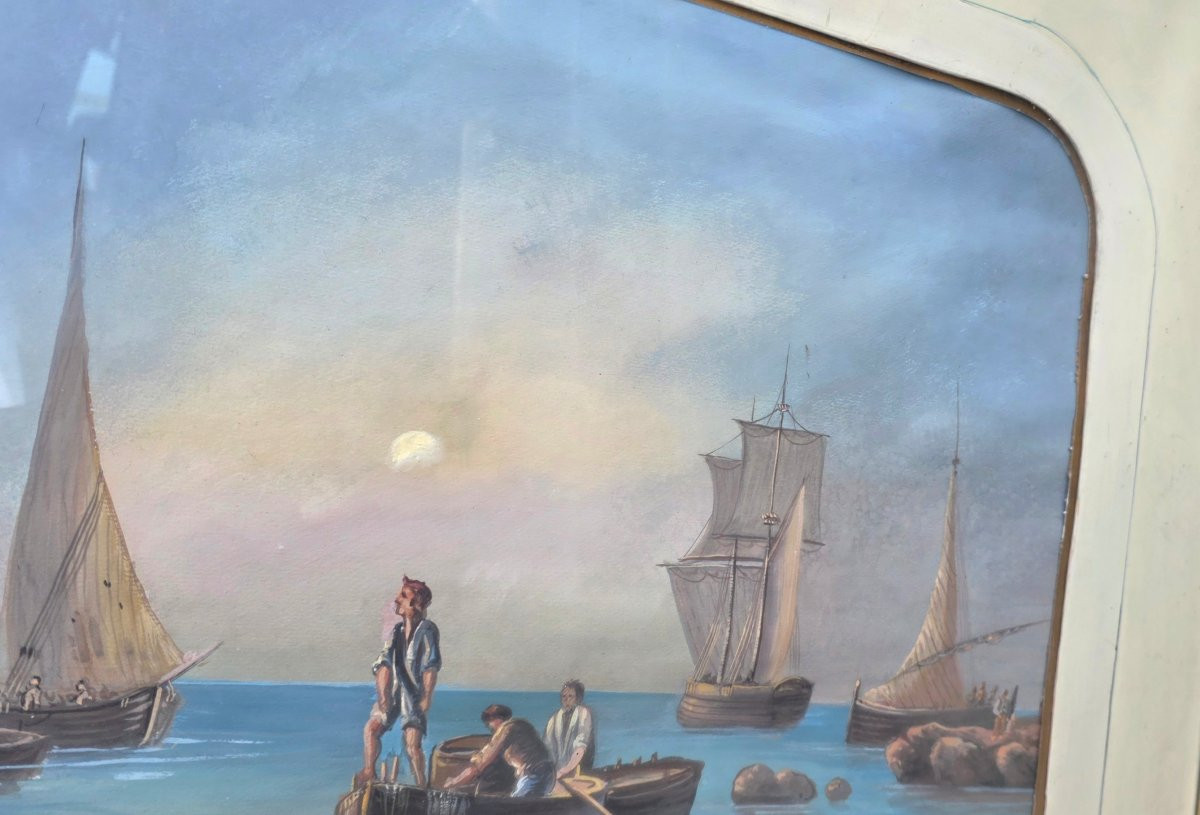 Gouache By Giuseppe Delpino, Italian School, 19th Century, View Of Fishing Boats Offshore -photo-6