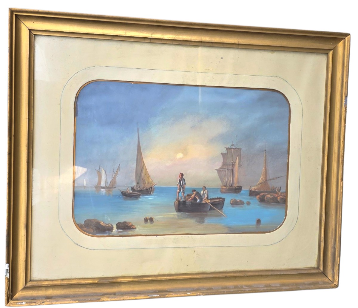 Gouache By Giuseppe Delpino, Italian School, 19th Century, View Of Fishing Boats Offshore 