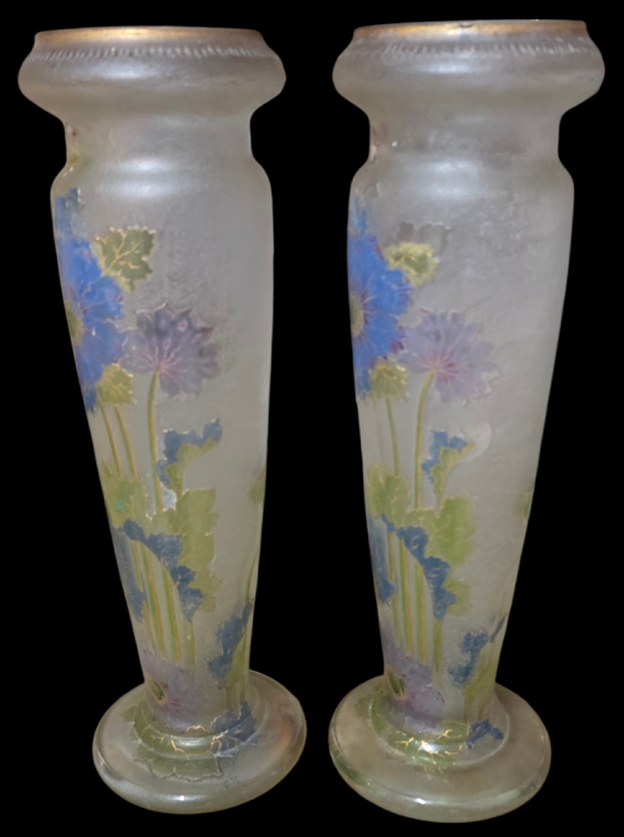 Pair Of Montjoye Vases Decorated With Blue Aster Flowers And Poppies -photo-2