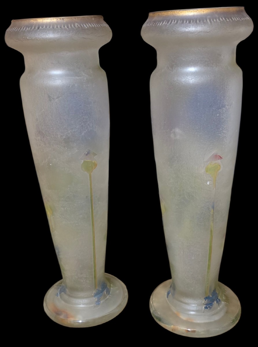 Pair Of Montjoye Vases Decorated With Blue Aster Flowers And Poppies -photo-3