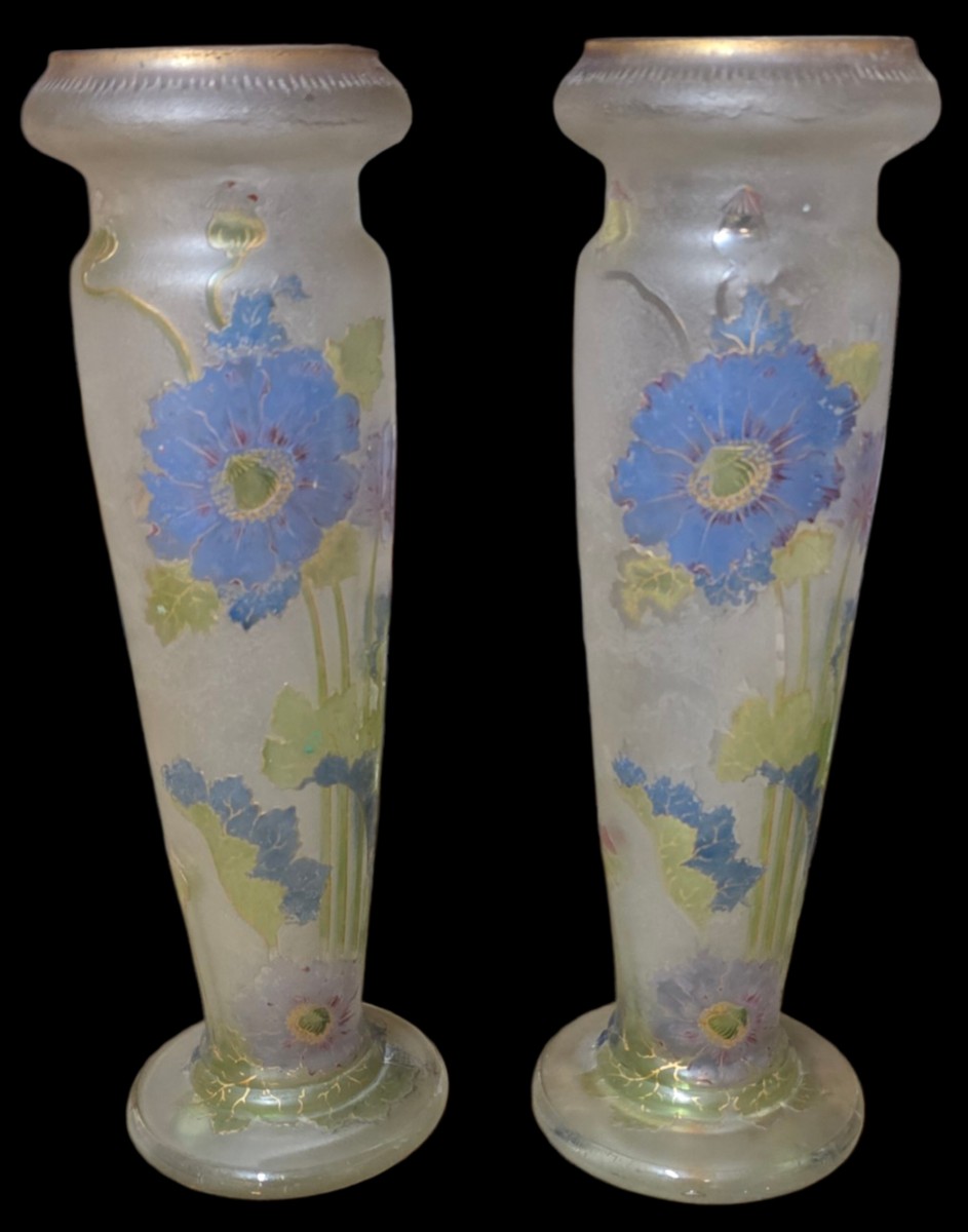 Pair Of Montjoye Vases Decorated With Blue Aster Flowers And Poppies 