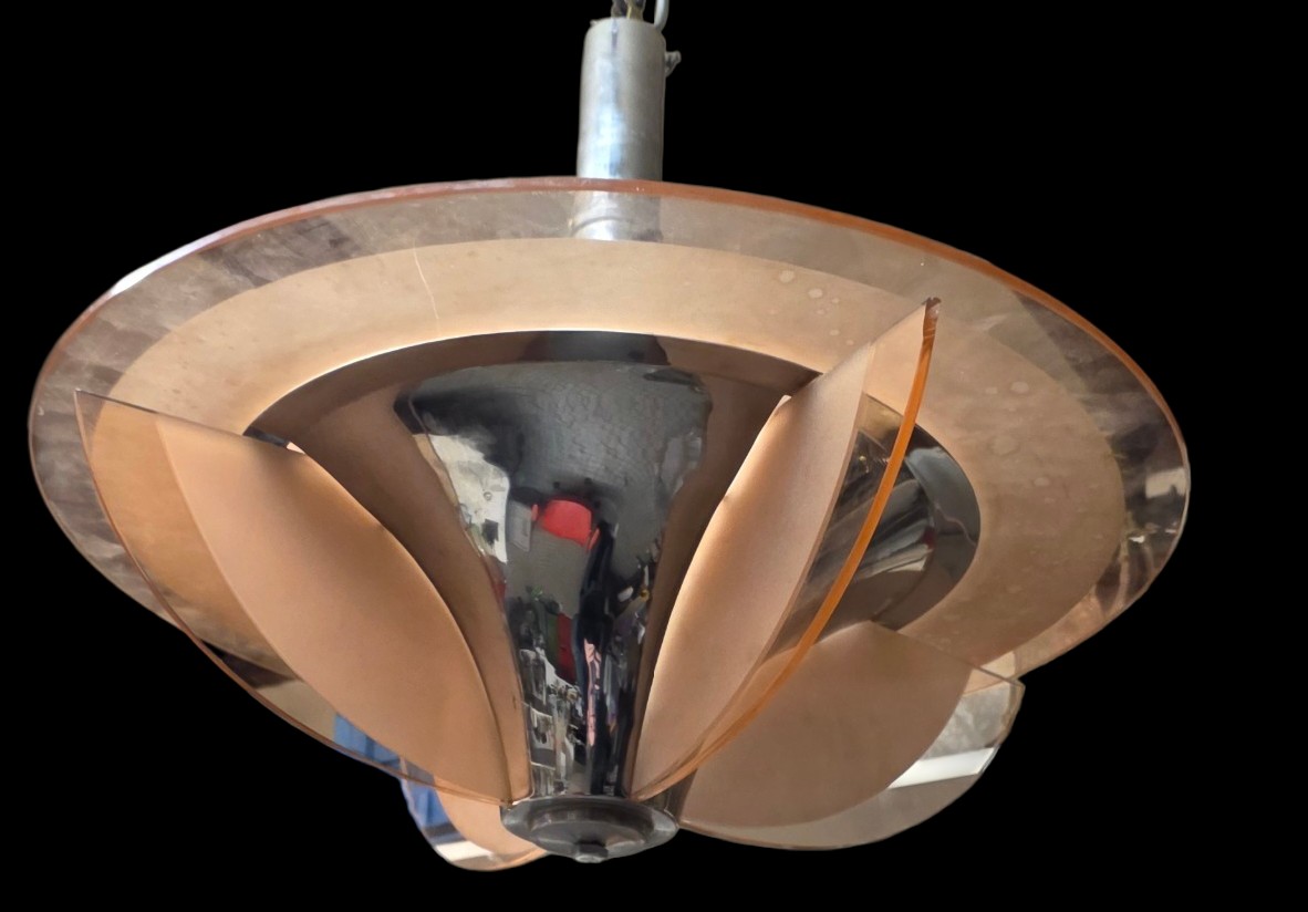 Lustre atelier petitot 1930 a plaques de verre et chrome 