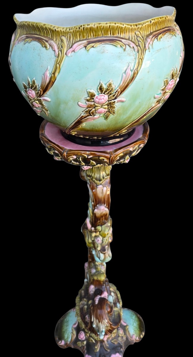 Support et pot céramique polychrome art nouveau vers 1900-photo-2