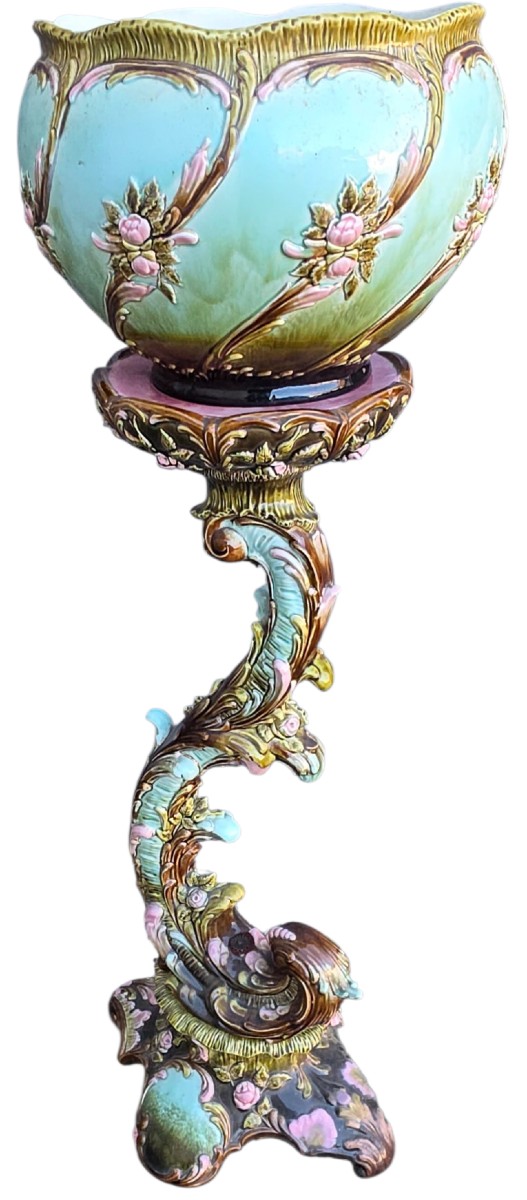 Support et pot céramique polychrome art nouveau vers 1900