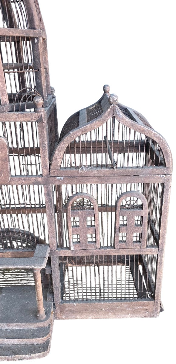 Importante cage a oiseaux bois 19ème  hauteur 82 cm-photo-3