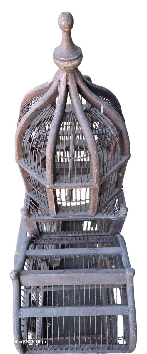 Importante cage a oiseaux bois 19ème  hauteur 82 cm-photo-2