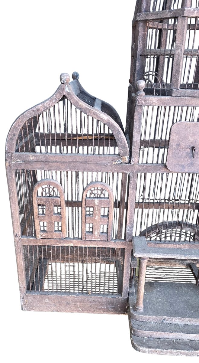 Importante cage a oiseaux bois 19ème  hauteur 82 cm-photo-3