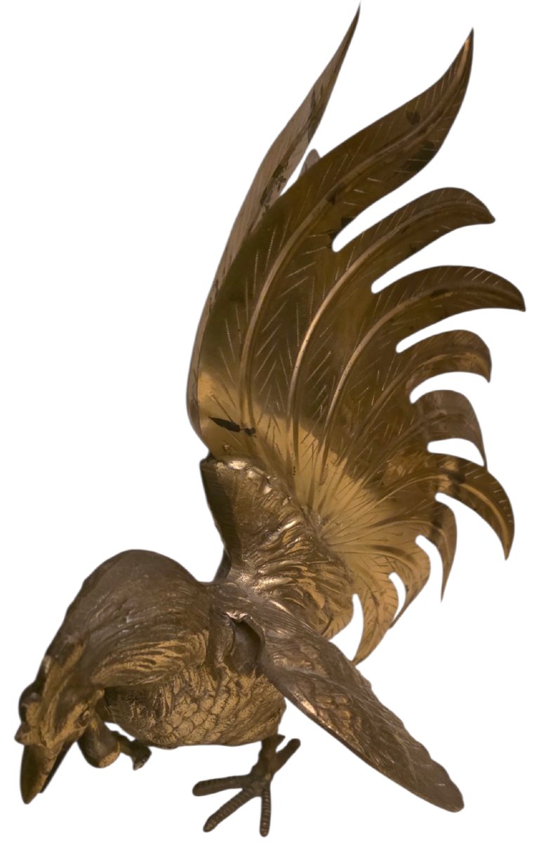 Paire de coqs de combat en bronze doré et laiton circa 1960-photo-4