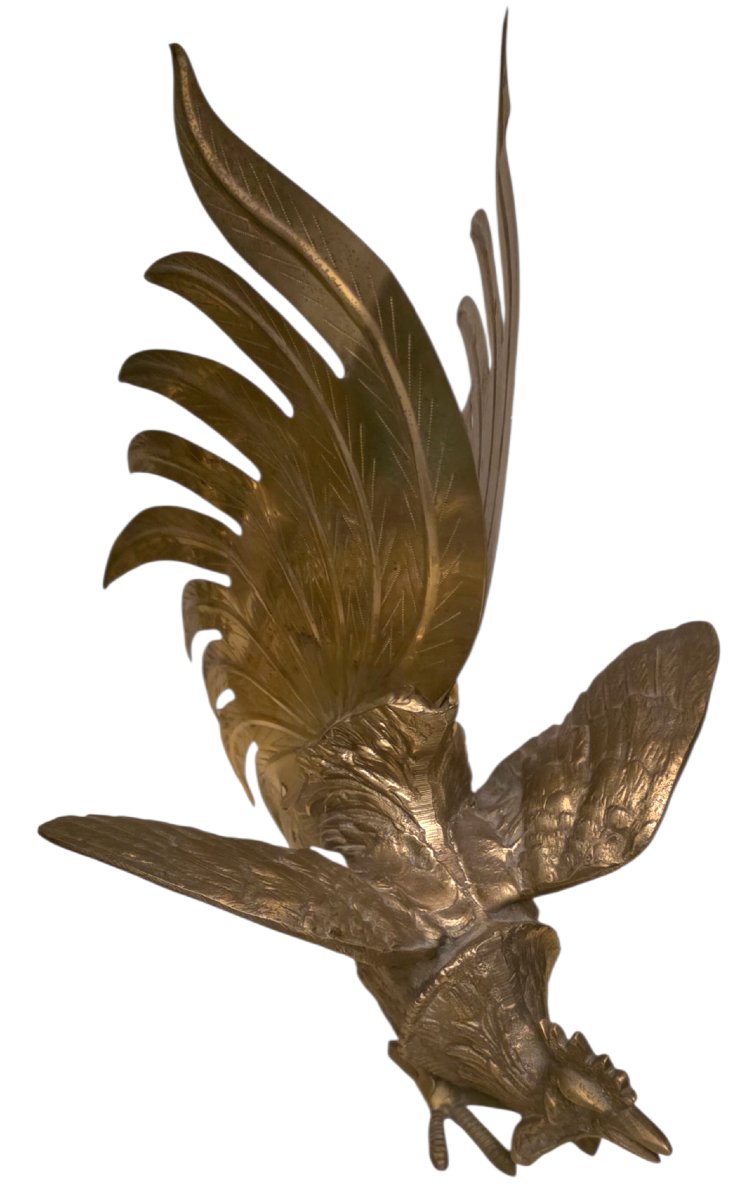 Paire de coqs de combat en bronze doré et laiton circa 1960-photo-5