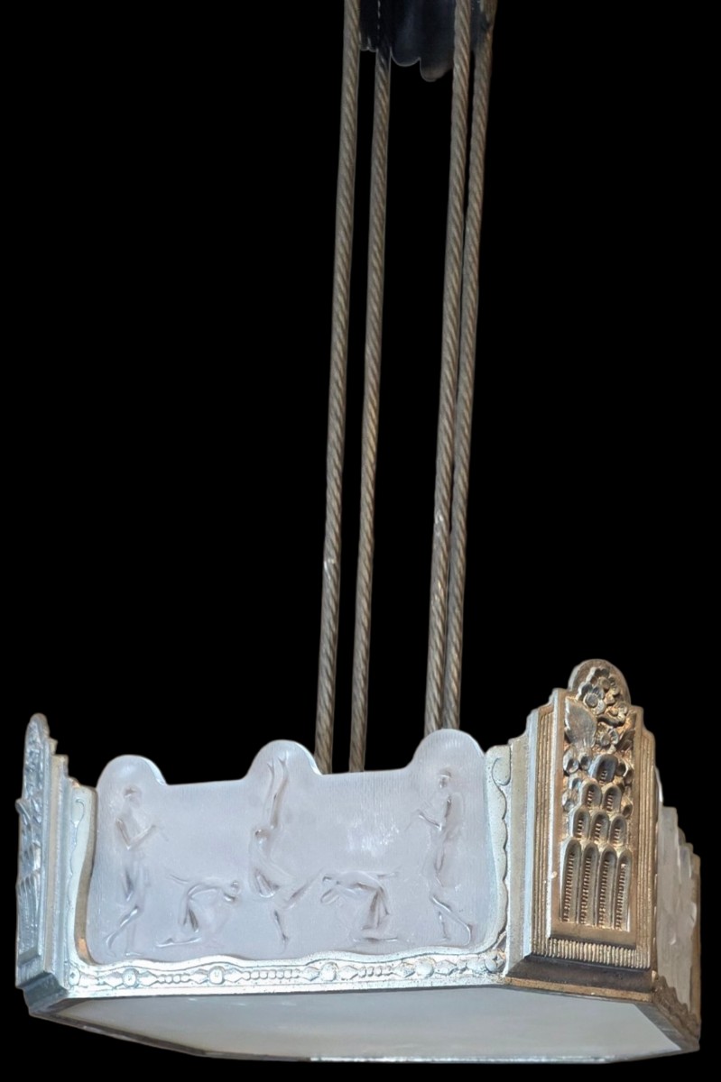 Art Deco Chandelier With 4 Decorative Gymnasium Panels, Signed Costebelle -photo-2