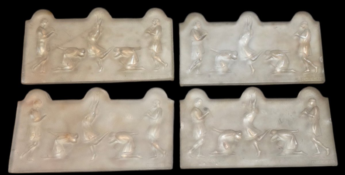 Art Deco Chandelier With 4 Decorative Gymnasium Panels, Signed Costebelle -photo-2