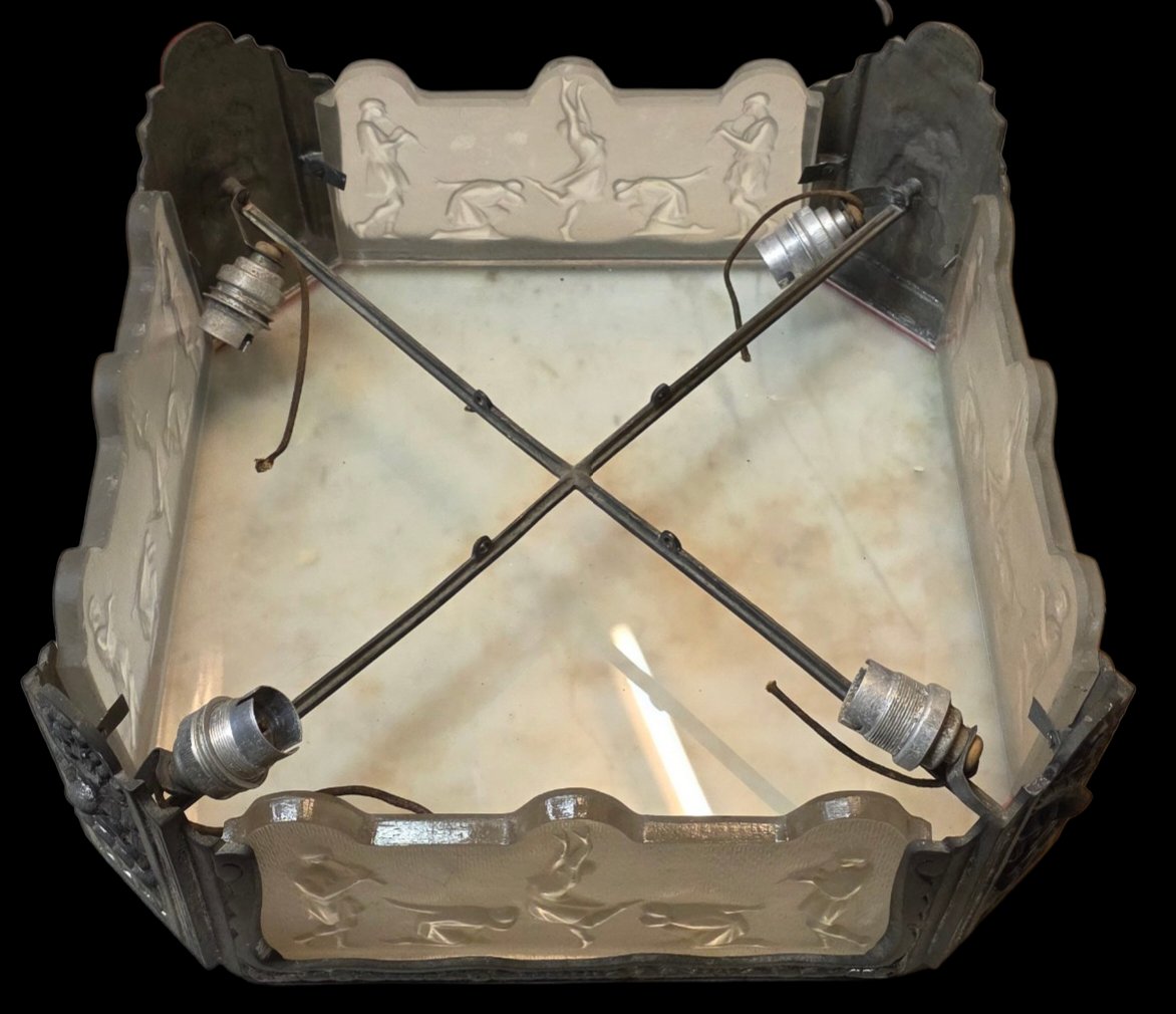 Art Deco Chandelier With 4 Decorative Gymnasium Panels, Signed Costebelle -photo-3