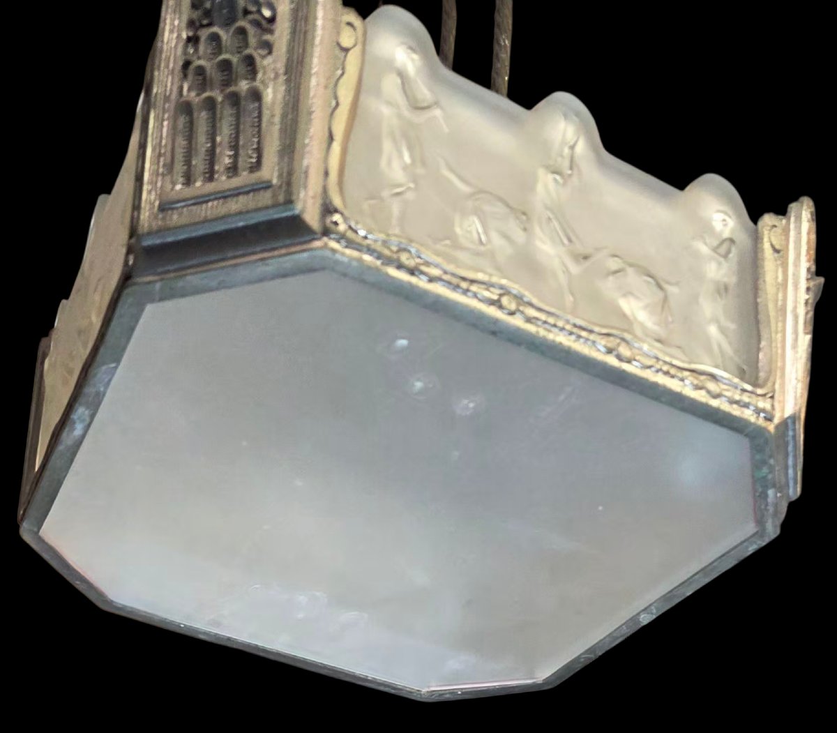 Art Deco Chandelier With 4 Decorative Gymnasium Panels, Signed Costebelle -photo-4