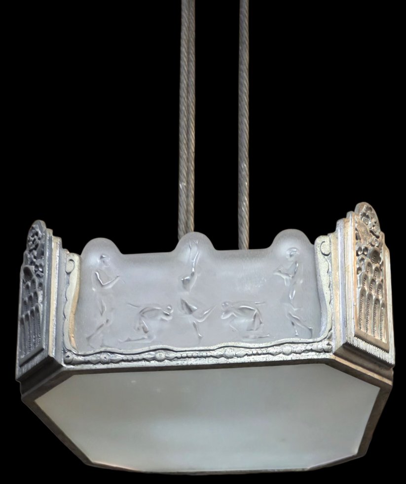 Art Deco Chandelier With 4 Decorative Gymnasium Panels, Signed Costebelle -photo-5