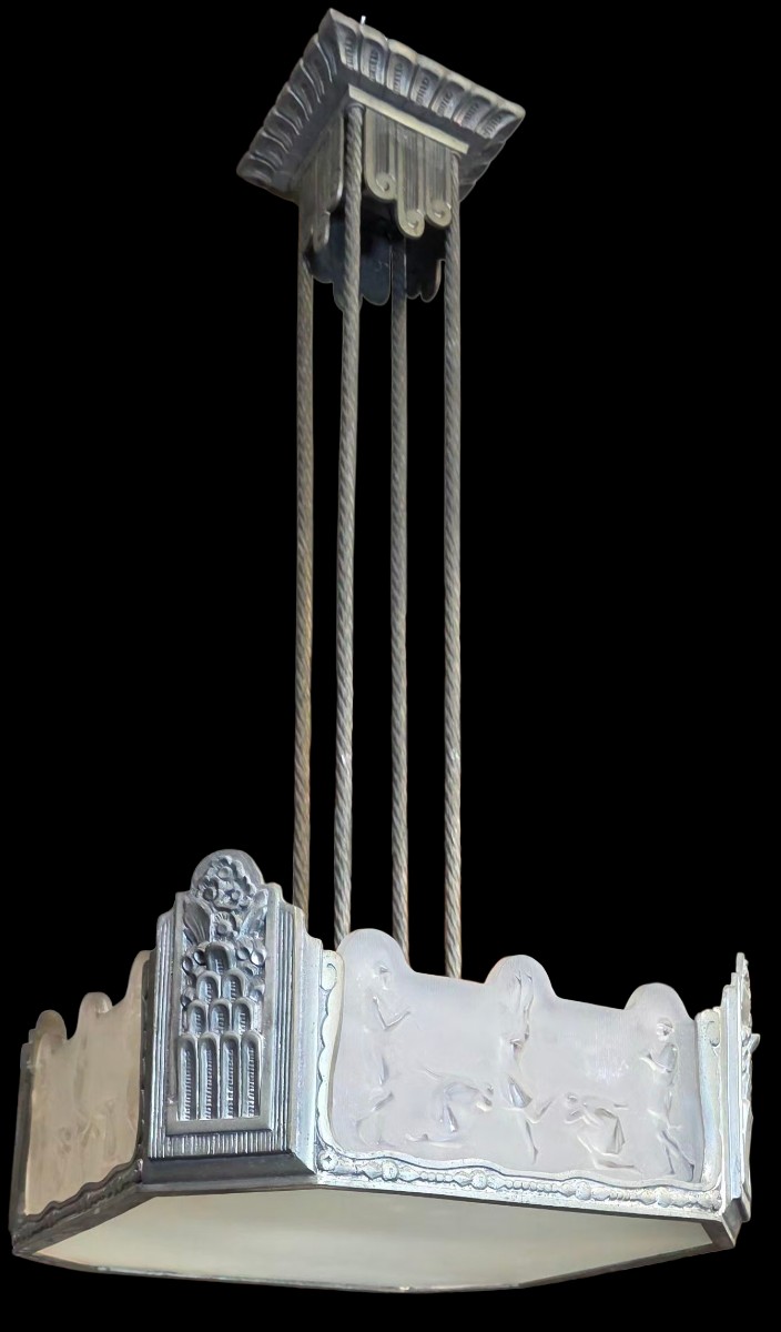 Art Deco Chandelier With 4 Decorative Gymnasium Panels, Signed Costebelle 