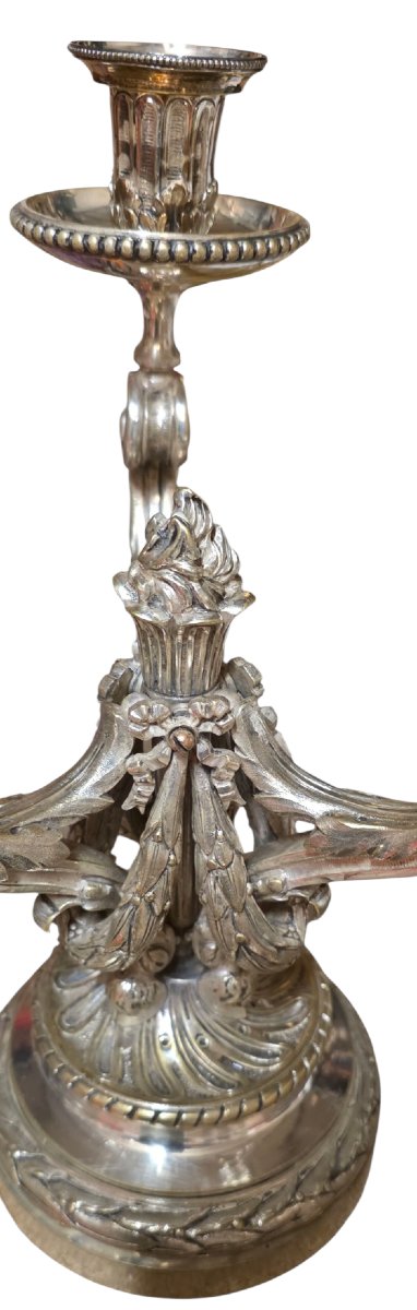 Candélabre Louis XVI en bronze ciselé argenté XIXeme 3,500 kg -photo-7