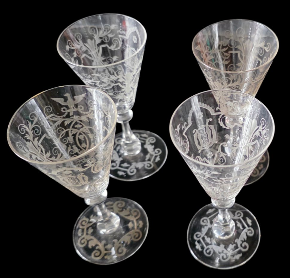 Lobmeyr Vienna 4 Glasses On Foot 19th Crystal Cut To The Wheel-photo-4