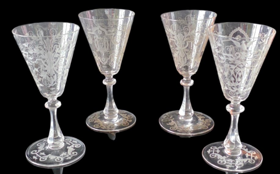 Lobmeyr Vienna 4 Glasses On Foot 19th Crystal Cut To The Wheel-photo-7